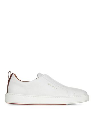 Santoni White Tumbled Leather Slip-On Sneakers