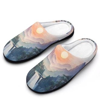 Generic Chinese Landscape Mountain Waterfall Womens Slippers Warm House Slippers Indoor House Shoes with Anti-Skid Rubber Sole