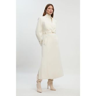 Karen Millen Wool Notch Neck Belted Maxi Coat in Ivory at Nordstrom, Size 12