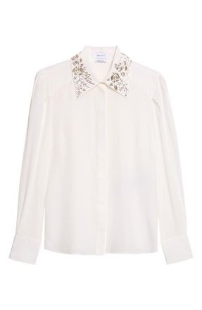 Alexander McQueen Beaded Collar Silk Button-Up Shirt in Light Ivory at Nordstrom, Size 8 Us