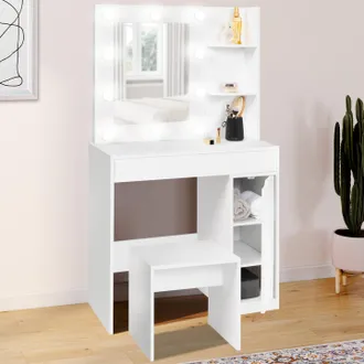 IDMarket Idmarket - Mueble De Tocador Zelia Con Espejo Led, 1 Caj&oacute;n, Estantes, Armario Y Taburete