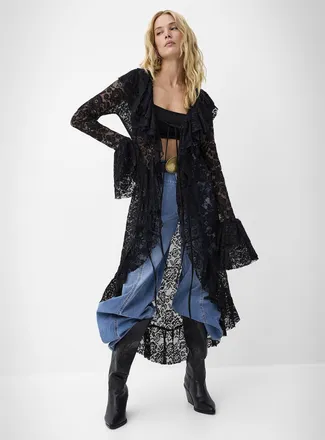 Icone Womens Stretch lace ruffled tie-up long cardigan