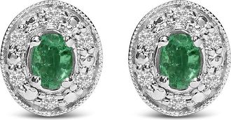 House of Brilliance 14K White Gold Oval Green Emerald & 1/10 Cttw Diamond Halo Stud Earrings (I-J Color, I1-I2 Clarity)