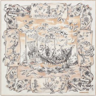 Ferragamo Womens Silk Scarf Voyage Print Beige Scarfs
