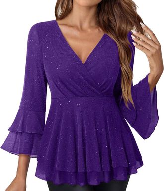 Generic Womens Sequin Tops UK Sparkly V Neck Blouses Pleated Elegant 3/4 Flared Sleeve Tunic Top Ladies Loose Double Layers Mesh Shirts Shiny Glitter Tee Shir