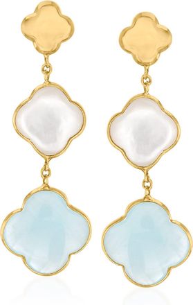 Ross-Simons Italian Mother-Of-Pearl and Aquamarine Clover Drop Earrings in 14kt Yellow Gold