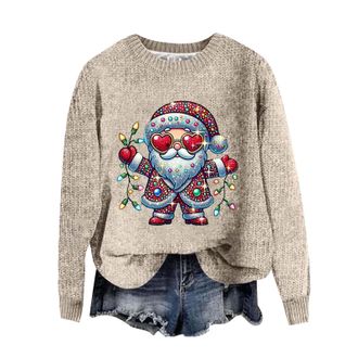 Generic Christmas Jumpers for Women Fashion 3D Print Womens Knitted Jumpers Long Sleeves Ladies Xmas Sweaters Winter Warm Fleece Pullover Sweaters Soft Comfor