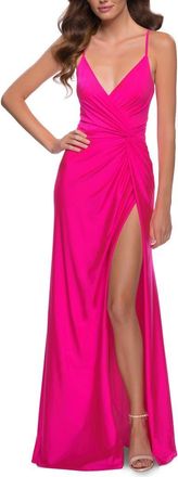 La Femme Neon Pink Jersey Gown with Knot Waist and Lace Up Back in Hot Pink at Nordstrom, Size 00