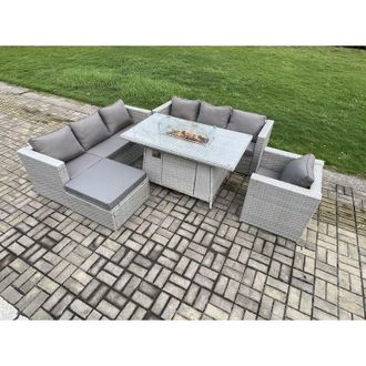 Fimous Fimous 8 Seater Outdoor Garden Dining Sets Rattan Furniture Gas Fire Pit Dining Table Gas Heater with Armchair Big Footstool Light Grey