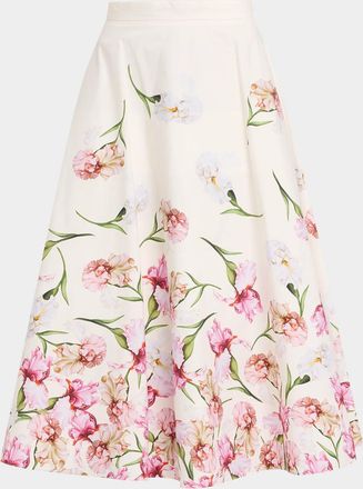 Oscar De La Renta Painted Iris Print Cotton Midi Skirt
