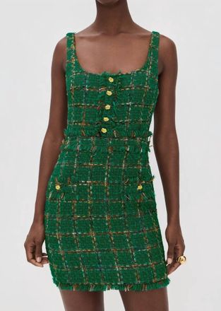 L'agence Valli Square Neck Mini Dress In Green Windowpane Tweed
