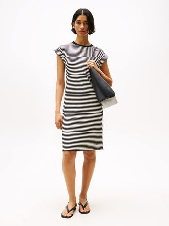 Tommy Hilfiger Shirtkleid TOMMY HILFIGER RIB SHORT REG TEE DRS, Damen, Gr. XXL (44), N-Gr, schwarz (ecru, schwarz fine stp), Jersey, Obermaterial: 95% Viskose, 5% El