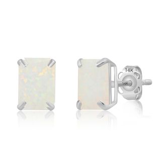 MAX + STONE 14k White Gold Solitaire Emerald-Cut Gemstone Stud Earrings (7x5mm)