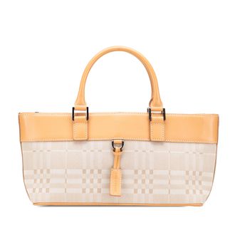 Burberry Pre-owned Womens Checkered Pattern Leather Trim Tote - Beige Textile - One Size