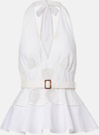 Self Portrait Broderie anglaise peplum linen and cotton top