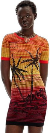 Desigual Womens Palm Tree Print Mini Dress Sunset Knit - Orange Viscose - Size X-Large