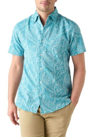Robert Talbott Morgan Paisley Jacquard Seersucker Short Sleeve Shirt in Teal at Nordstrom, Size Xx-Large - 34