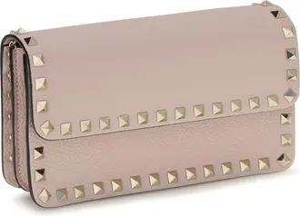 Valentino Garavani Womens Rockstud Chain Wallet Rose Quartz Calf Leather Bos Taurus