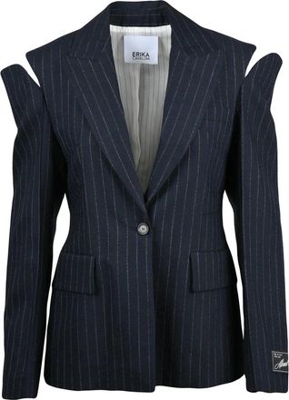 Erika Cavallini Semi Couture Blue Wool-Blend Fitted Pinstripe Jacket