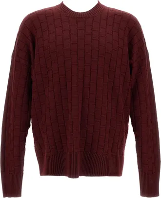 Plan C Checked Burgundy Wool Sweater With Ribbed Crew Neck