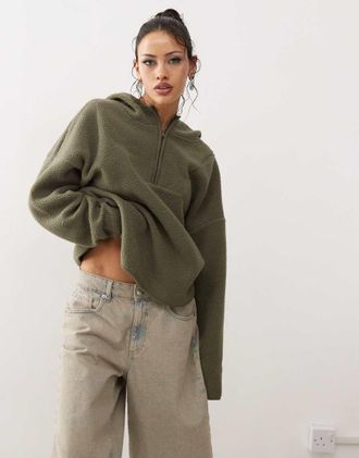 Noisy May quarter zip hooded fleece khaki-Green