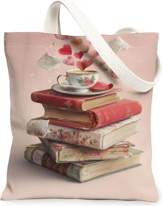 Generic Vintage Floral Canvas Tote Bags, Romantic Book Stack Pattern Reusable Grocery Bags, Lightweight Washable Shoulder Strap Can, Peach, 13x15 Inch
