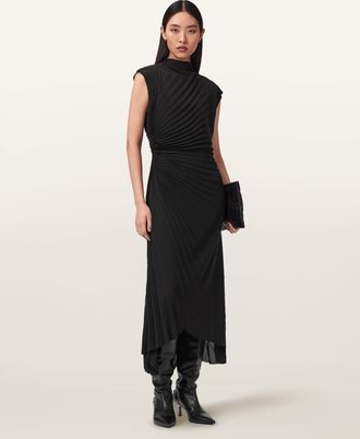 AllSaints Polyester Rayanna Pleated Midi Dress, Size: UK 14/US 10