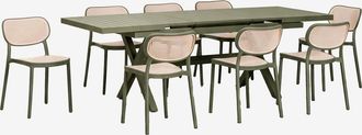 Sklum Set De Mesa Rectangular 180-240x90 Cm Extensible En Aluminio Karena Y 8 Sillas De Comedor Apilables En Polipropileno Omara Sklum