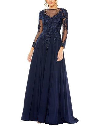 Mac Duggal High Neck Mesh Long Sleeve Embellished A Line Gown