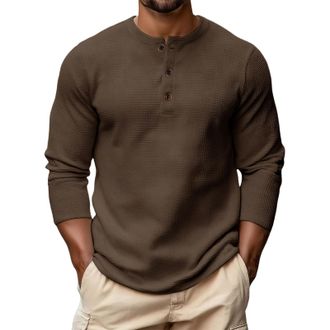 Generic Long Sleeve Henley T Shirt Men Beach Long Sleeve Soft Spring Tops Men Pop Buttons Waffle Kni Top Comfy Henley Solid T Shirt Men Brown XXL