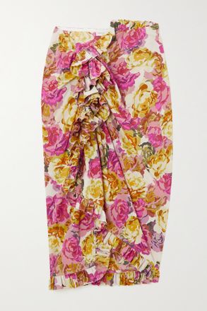 Dries Van Noten Gonna Asimmetrica In Popeline Di Cotone Con Stampa Floreale E Ruches - Ecru