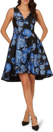 Adrianna Papell Floral Jacquard Fit & Flare Dress in Blue/Black Multi at Nordstrom, Size 14
