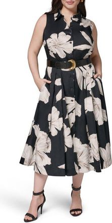 DKNY Floral Sleeveless Stretch Cotton Shirtdress in Black Multi at Nordstrom, Size 16W