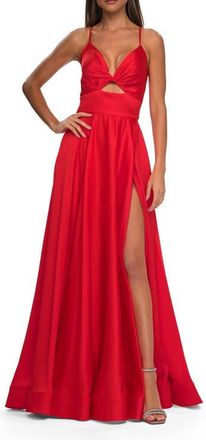 La Femme Satin A-Line Gown with Cut Out and Twist Bodice in Neon in Hot Coral at Nordstrom, Size 10