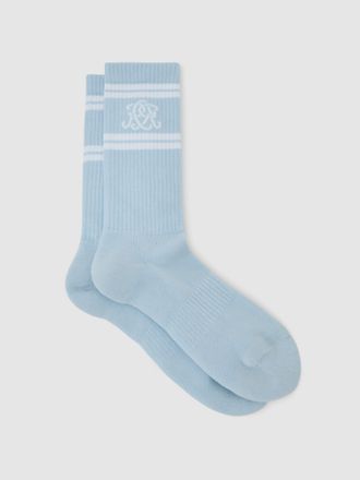 Reiss Powder Blue & white Monogram Cotton-blend Ribbed Socks, S & M