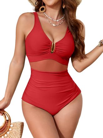 SHEKINI Women Swimming Costume Tummy Control One Piece Swimsuits V Neck U Ring Swimwear Padded Bathing Suits