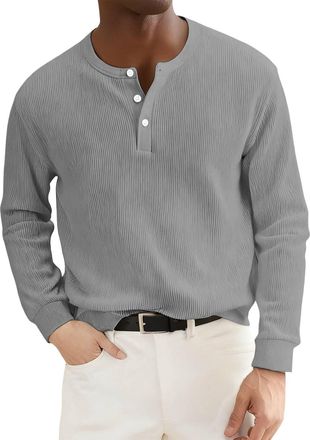 Generic Long Sleeve Henley Shirts for Men Waffle Knit Henley Men Casual Polo Shirts Long Sleeve Ribbed Textured Knitted Tees Wrok Tshirt Button up Pullover Gr