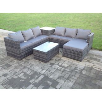 Fimous 7 Seater Rattan Corner Sofa Lounge Sofa Set With Oblong Coffee Table And Big Footstool - Fimous