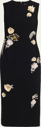 Oscar De La Renta Crystal Embroidered Tweed Sleeveless Midi Cocktail Dress