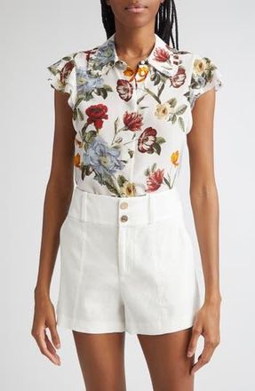 Alice & Olivia Martel Floral Flutter Sleeve Silk Button-Up Top in Provence Floral Sm at Nordstrom Rack, Size X-Small