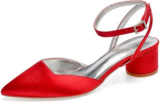 Generic Wedding Sandals Womens Low Block Heels Sandals Bridal Pointed Toe Slingback Ankle Strap Dress Party Heels 4.5,red,5 UK
