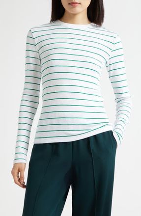 Vince Stripe Long Sleeve Cotton & Modal Crewneck Top in Emerald Combo at Nordstrom, Size Xx-Small