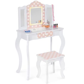 IDMarket Tavolino Per Bambini A Led Bianco E Rosa Roza Con 3 Specchi E Sgabello