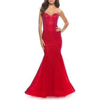 La Femme Rhinestone Mermaid Prom Dress with Sweetheart Neckline in Red at Nordstrom, Size 14