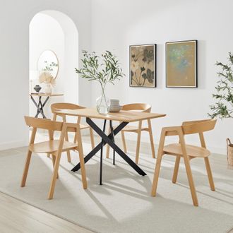 Furniturebox Leonardo Oak Veneer Dining Table & 4 Oak Masa Chairs in Brown