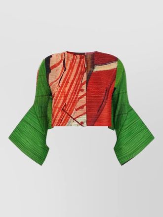 Pleats Please Issey Miyake city collage cropped knit long sleeve cardigan