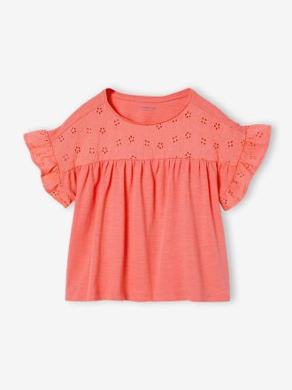 Vertbaudet Blusenshirt mit Volant&auml;rmel und Lochstickerei, M&auml;dchen koralle
