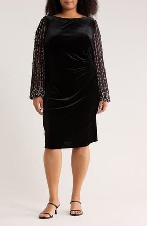 Marina Rossini Beaded Long Sleeve Velvet Sheath Dress in Black at Nordstrom Rack, Size 3 X