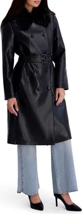 Kenneth Cole Faux Leather Trench Coat with Faux Fur Collar in Black at Nordstrom, Size X-Small