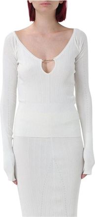 Jacquemus Tops, Dames, Wit, M, Geribbelde gebreide V-hals top met gouden kettingdetail
